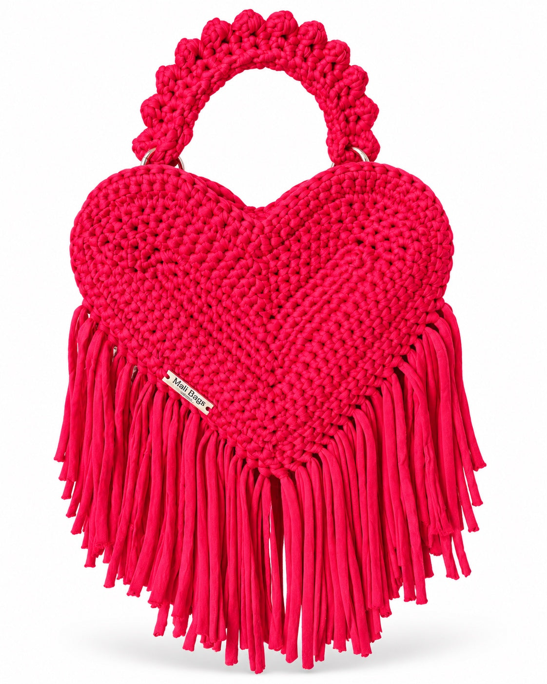 Heart Crochet Bag in Red with Fringe – handmade by Mali Bags